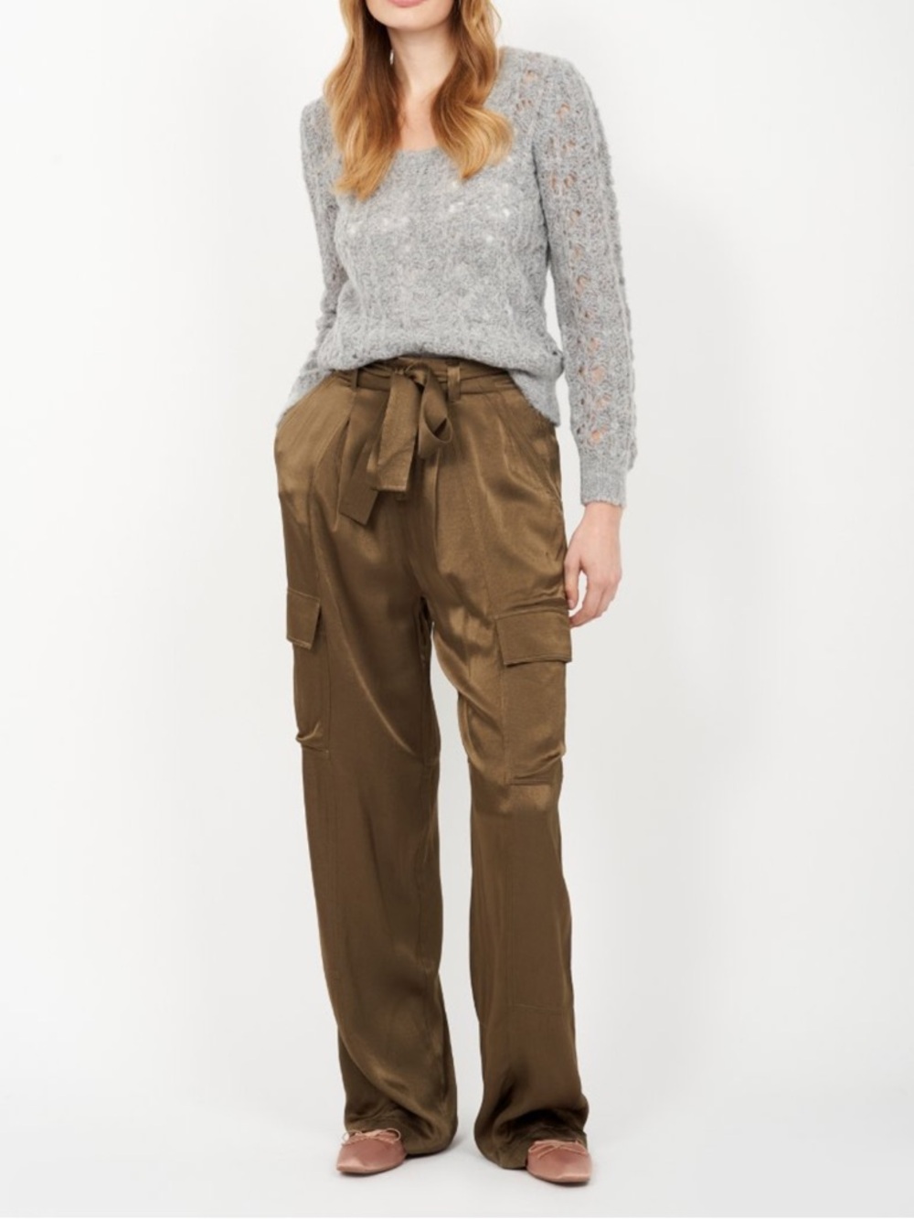 Joie Olive Satin Wide-Leg Cargo Pants with Tie Waist - 0